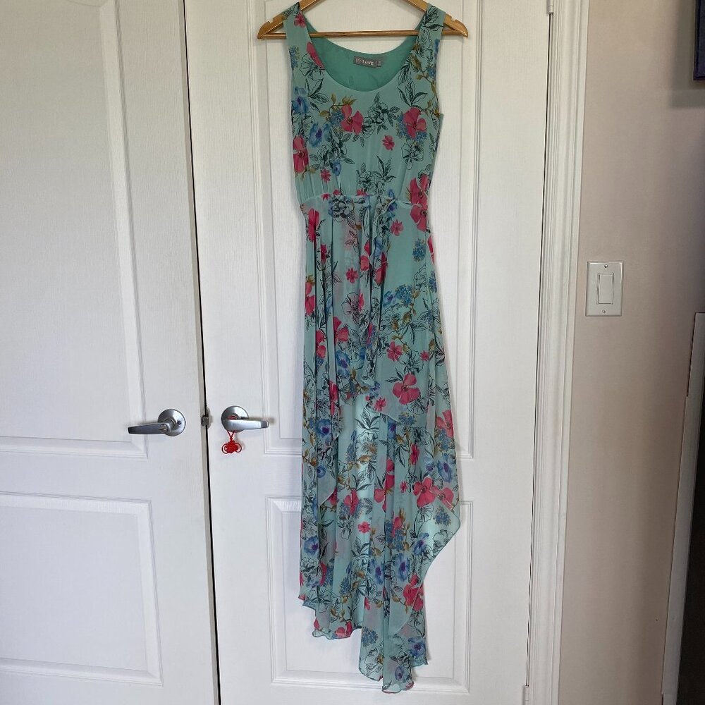 Floral & Flowy High- Low Green Dress with Floral Pattern Size S/M